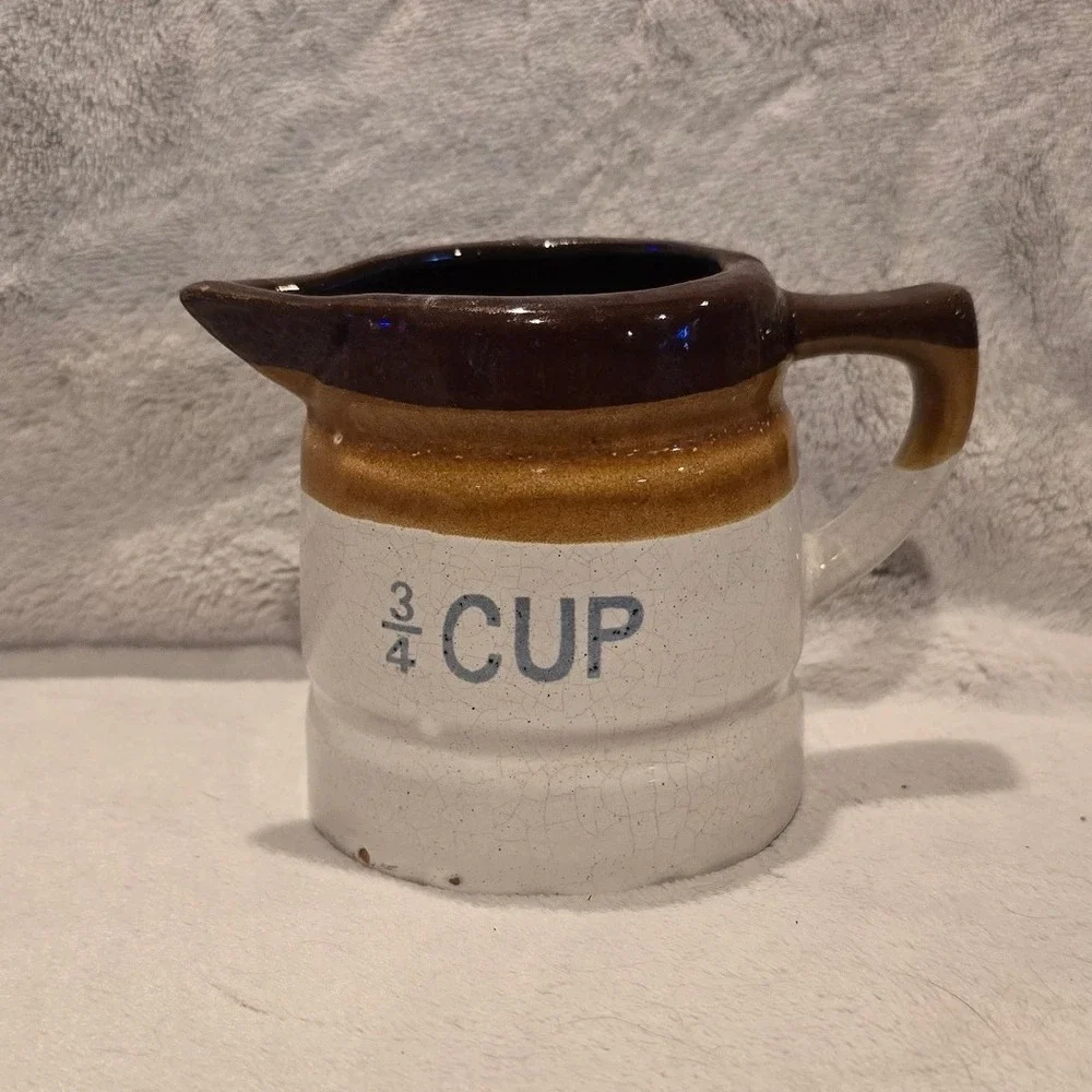 Vintage Stoneware 3/4 Cup Measuring Pitcher Creamer Brown Tan Cream Farmhouse
